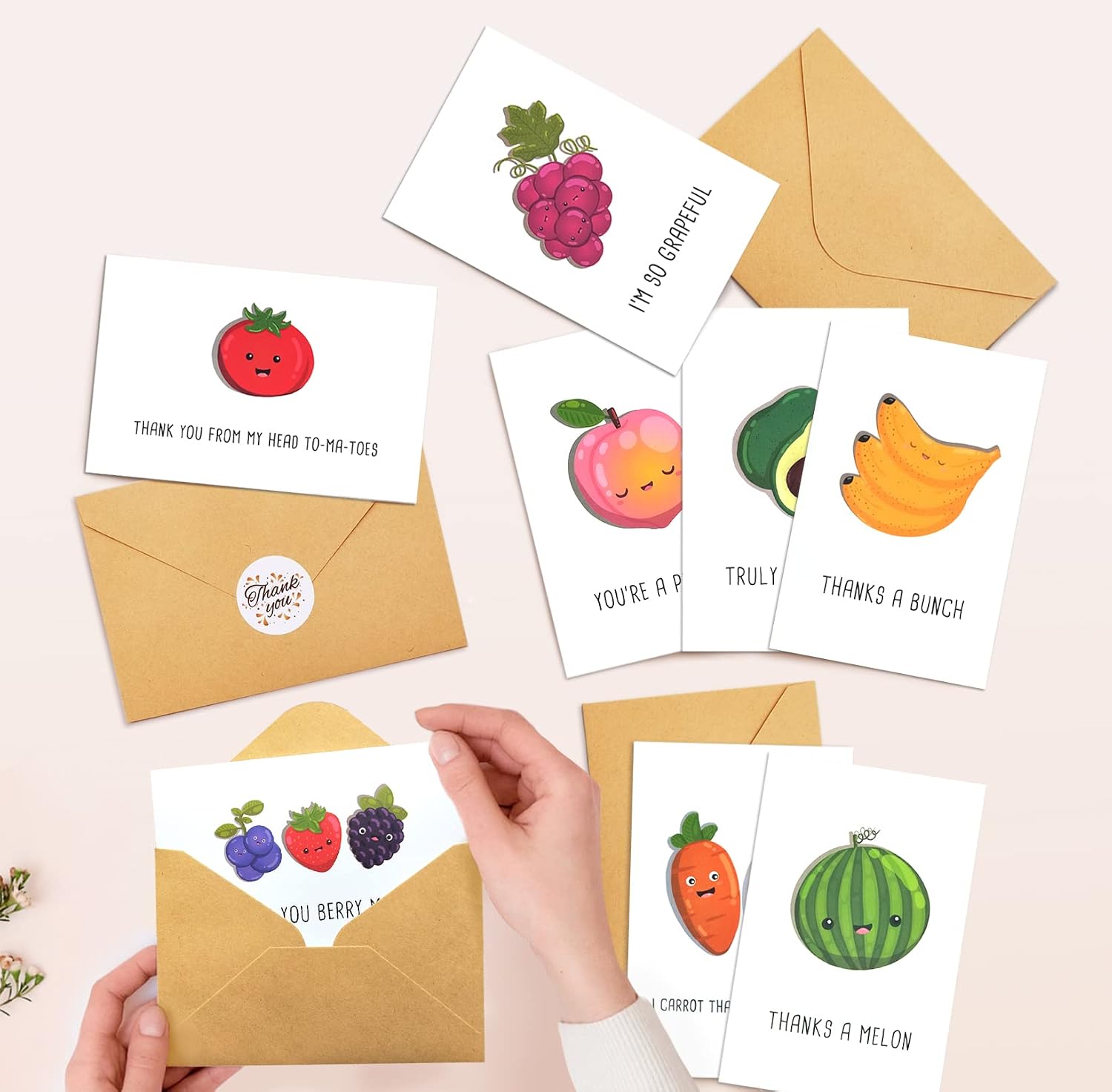 48 Fruit Pun Thank You Card Set, Funny Note Cards Pack with Envelopes, Fun Greeting Notecards Bulk, Cute Boxed Assortment Quip Cards for Gratitude, Recognition, Appreciation, 4 x 6 in