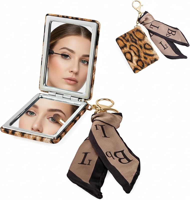 Espelho compacto retangular Jekvill com chaveiro, dupla face 1X/3X, estampa de leopardo, laranja, 1 unidade