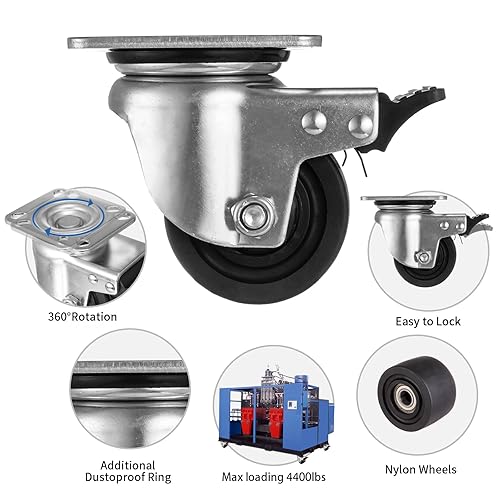 Miniatura 5 de Juego de 4 ruedas de 3 pulgadas, ruedas resistentes de 4400 libras, ruedas industriales con freno, diseño de centro de gravedad bajo, ruedas