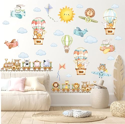 Miniatura 2 de Calcomanías de pared de animales de tren de dibujos animados, calcomanías de pared de animales de avión, calcomanías de globo aerostático, acuarela,