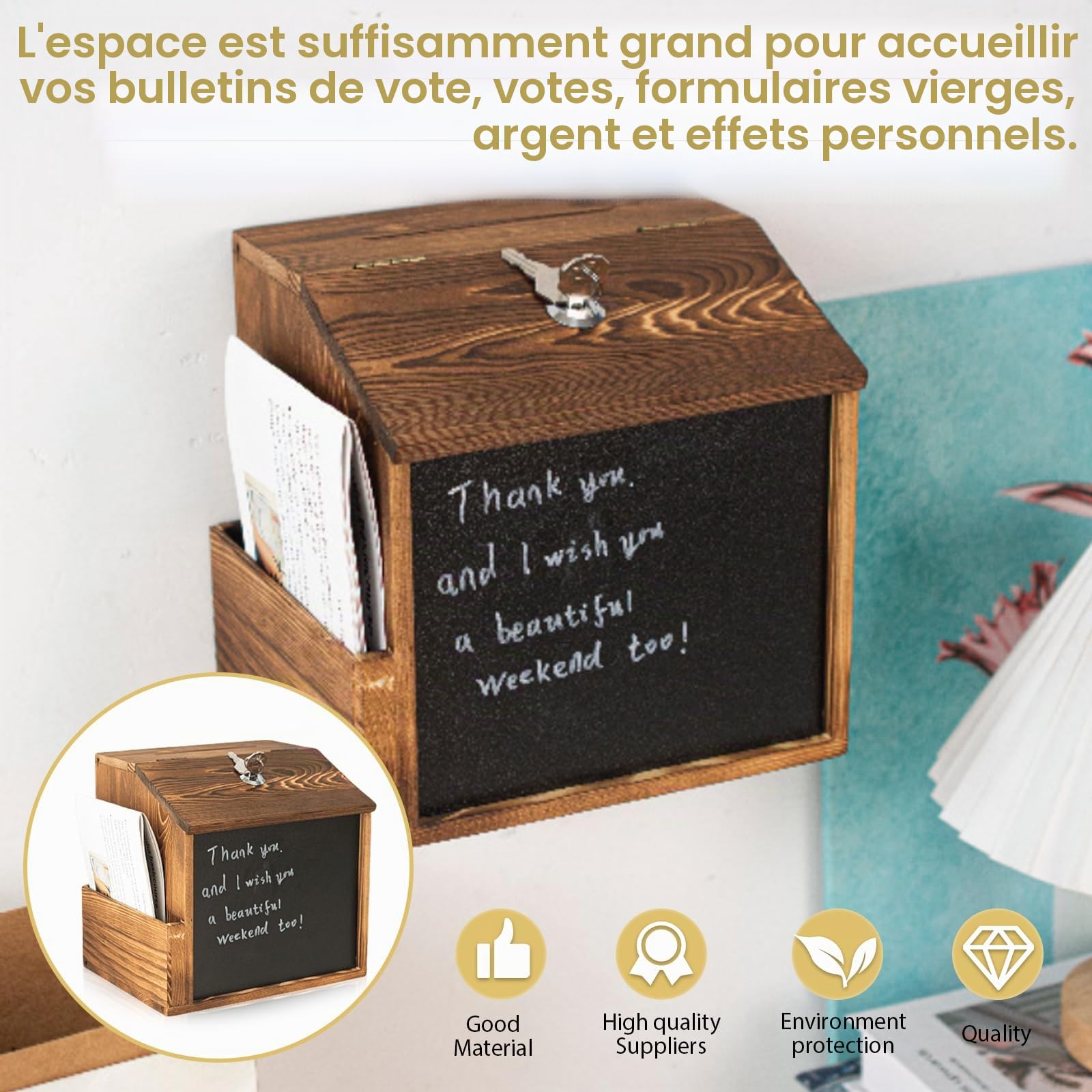 Boîte à suggestions en bois avec serrure et tableau à craie, boîte à dons verrouillable pour montage mural, boîte à suggestions, urne pour bureau, école, centre client, hôpital (Marron)