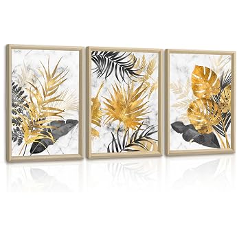 3-Piece Canvas Pictures with Frame Abstract Grey Gold Leaves Picture on Canvas Wall Art Modern Wall Pictures Art Print Decoration for Living Room Bedroom Ready to Hang 30 x 40 x 3 Pieces