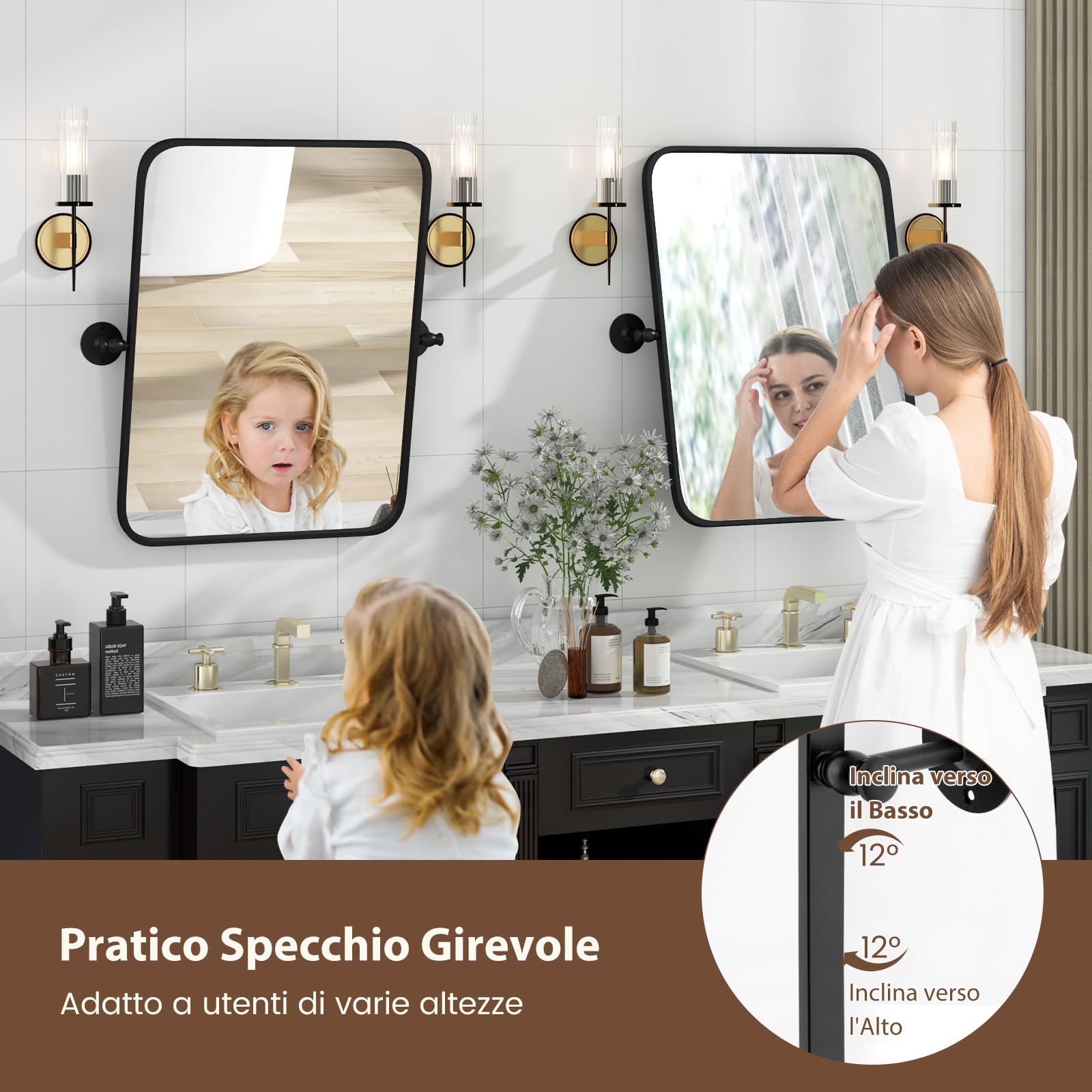 GYMAX Specchio da Bagno con Cornice in Metallo Nero, Specchio Rettangolare da Parete con Angoli Arrotondati e Staffe per Inclinazione, Specchio Decorativo Moderno, Verticale/Orizzontale