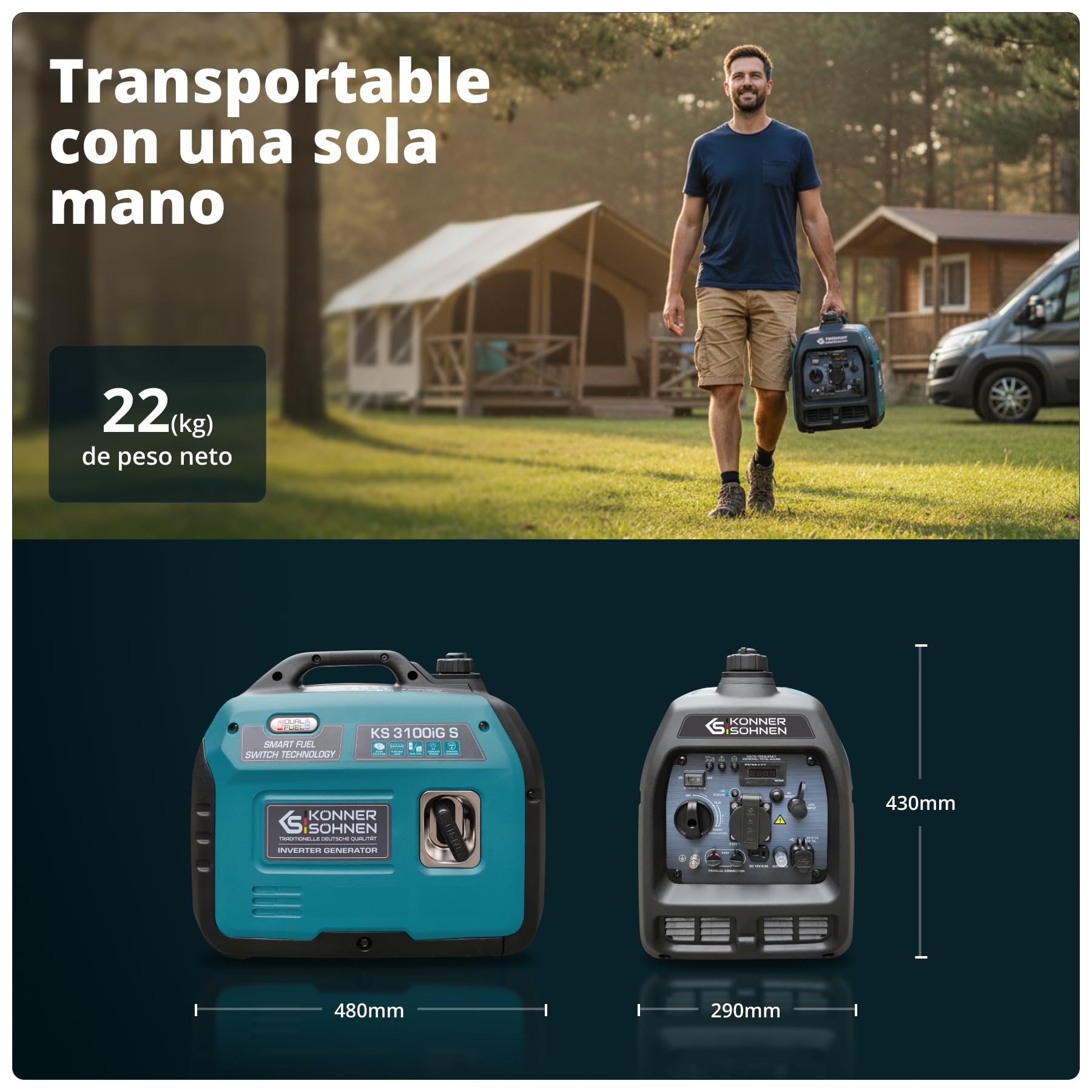 Generador de gas LPG/gasolina KS 3100iG S de Könner & Sönnen. Generador de corriente de emergencia 3100 W, toma Schuko de 230 V, 2 puertos USB, indicador LED, modo ECO, generador de energía EURO V.