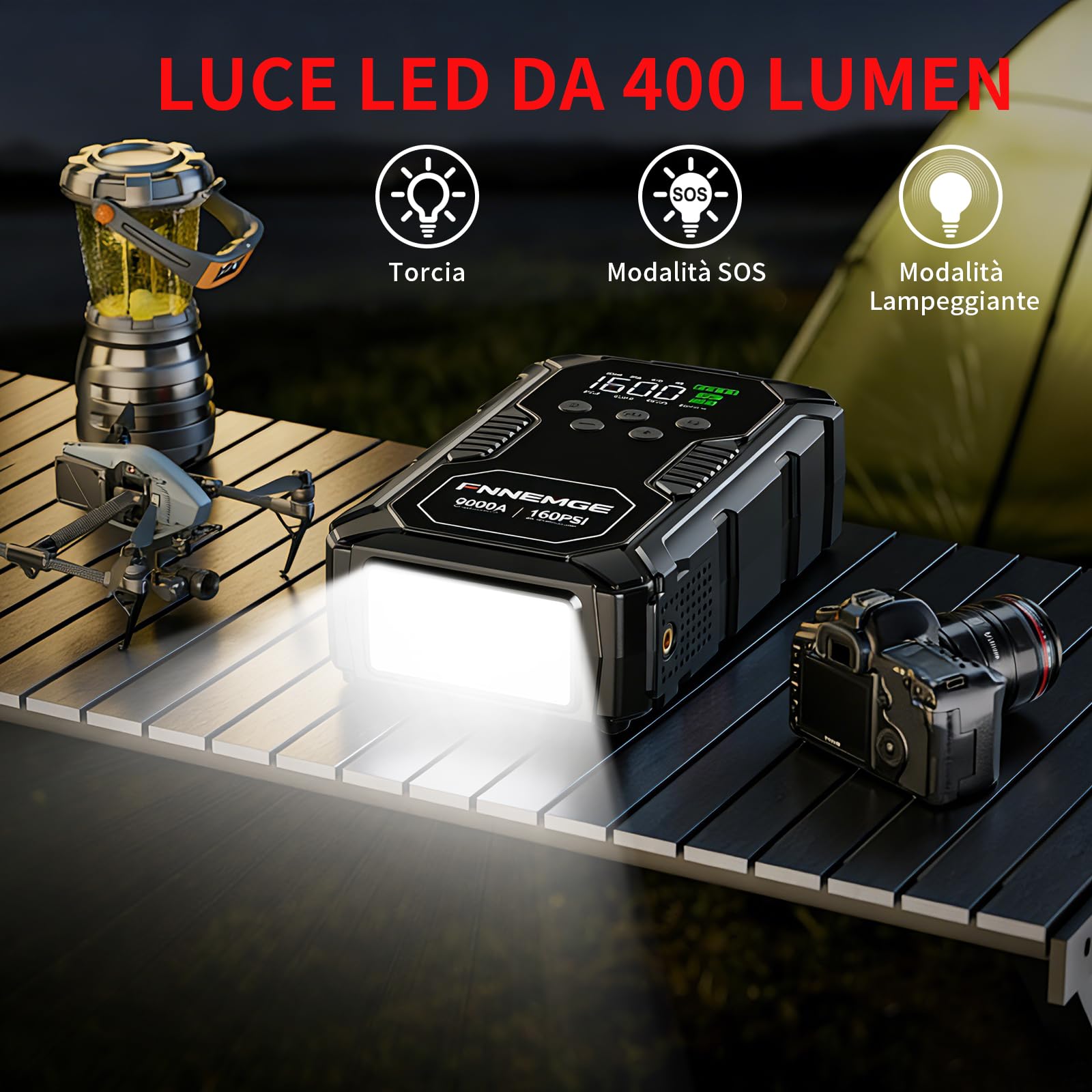 FNNEMGE Avviatore Batteria Auto, 9000A & 26800mAh & 160PSI Avviatore Emergenza per Auto con Compressore Aria (Tutti i Veicoli a Benzina o 12,0L Diesel), Avviatore di Emergenza, con di HD LCD Display.