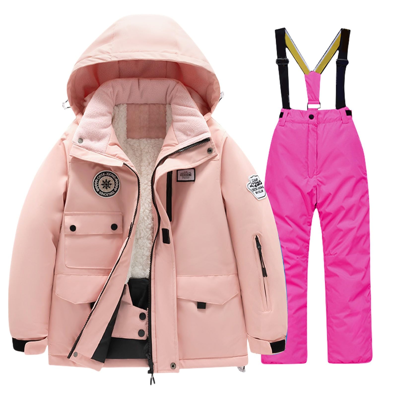 Combinaison de neige 2 pièces doublée en polaire pour enfants - Combinaison de ski rembourrée thermique avec fermeture éclair - Manteau à capuche - Salopette épaisse et thermique coupe-vent
