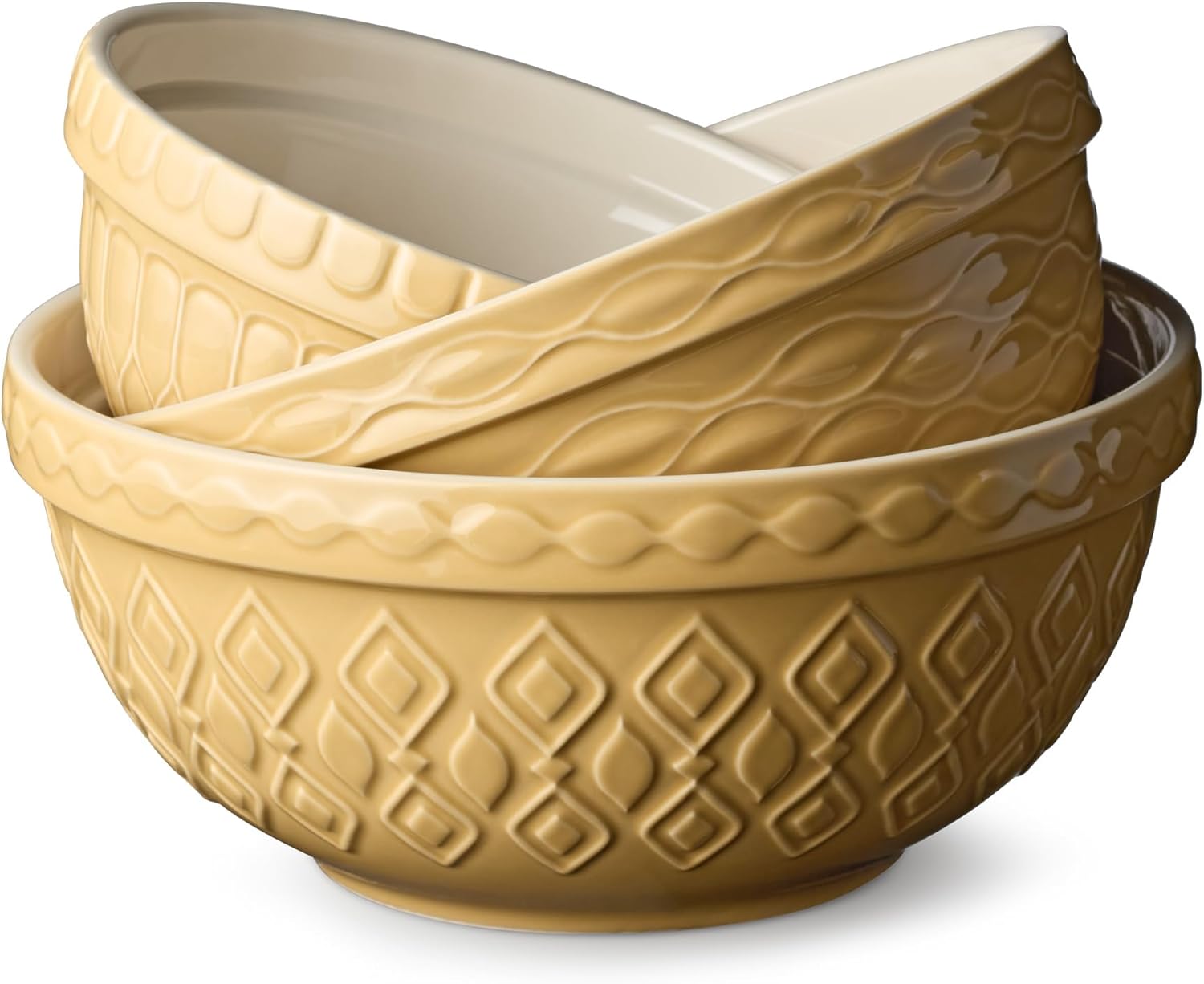 Vintage Farm Stoneware Mixing Bowl Set, 3-Piece, Includes 2 Qt, 3 Qt & 4.25 Qt Bowls, Embossed Patterns in Golden-Honey Finish, Durable & Nesting Design, Perfect for Mixing, Baking & Serving - Thumbnail 2