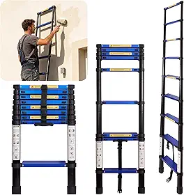 Escada telescópica de 2,5 m, escada de 9 degraus, capacidade de carga de 150 kg, escada de extensão dobrável telescópica portátil, resistente, dobrável (azul, pedal de 2,5 m de largura)