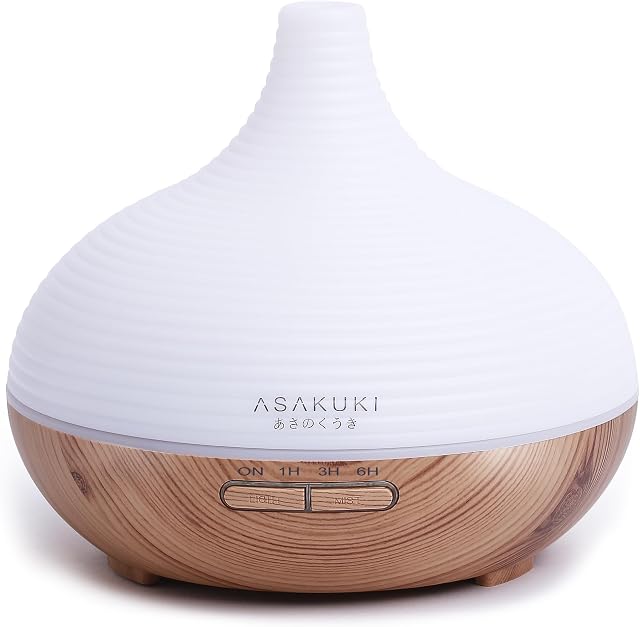 ASAKUKI Dyfuzor zapachowy do olejków zapachowych, 300 ml, ultradźwiękowy nawilżacz powietrza, dyfuzor olejków do aromaterapii, z 7-kolorowymi diodami LED, bez BPA, do sypialni, biura, spa