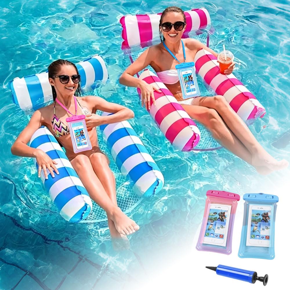 RNPKZ 2 Pack Inflatable Pool Floats Hammock, Inflatable Pool Lounger, Pool Float Water Hammock, Raft Recliner Float, 4-in-1 Multi-Purpose Inflatable Hammock with a Manual Air Pump for Adult and Kids