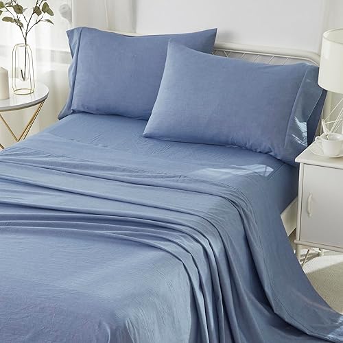 Brandream Juego de sábanas y fundas de almohada de 4 piezas de 100 % algodón puro lavado, lujosas, extrasuaves, con textura similar al lino, tamaño