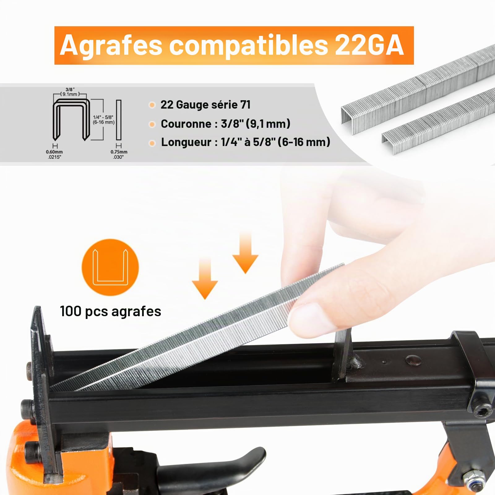 KAMSIN KN7116 Agrafeuse pneumatique pour meubles, calibre 22 Type 71, couronne de 9,0 mm, agrafeuse pneumatique pour meubles, tissus, bricolage