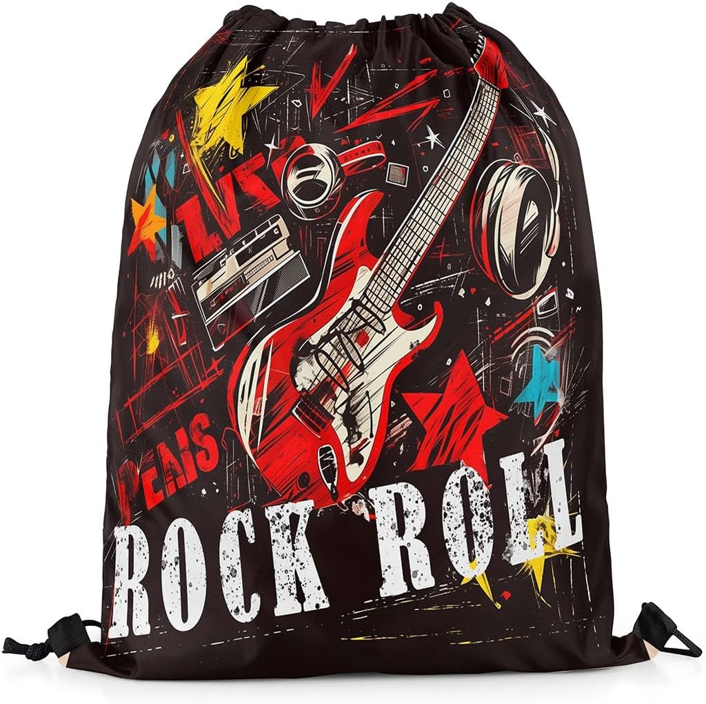 Castle Fairy Rock Music Drawstring Backpack 13"x16" Modern Red Guitar Musical Instrument String Bag Sports Sackpack Retro Hippie Stars Street Art Graffiti Drawstring Bag for Adults Men Women