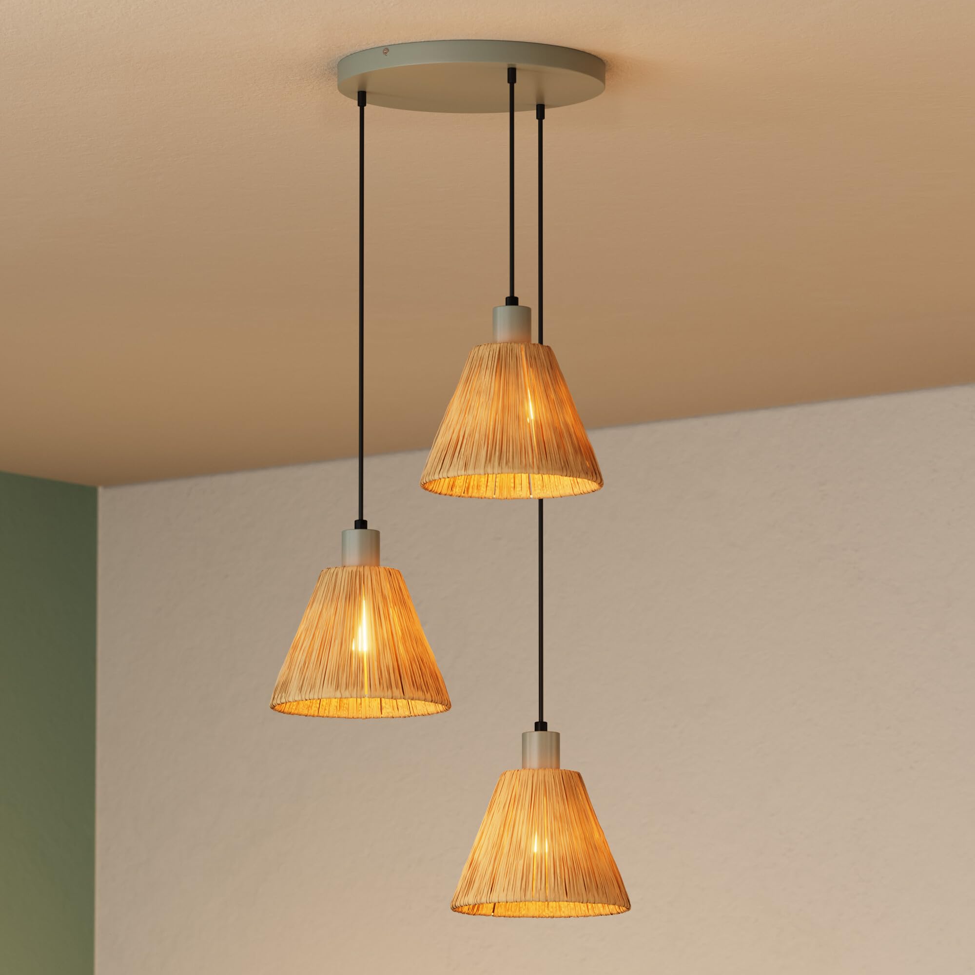 LEDVANCE a 3 luci Decor Rafia Plate verde in rafia e metallo, E27, diametro 430 mm, paralume in materiale riciclato, sostenibile grazie alla sorgente luminosa sostituibile, facile da installare