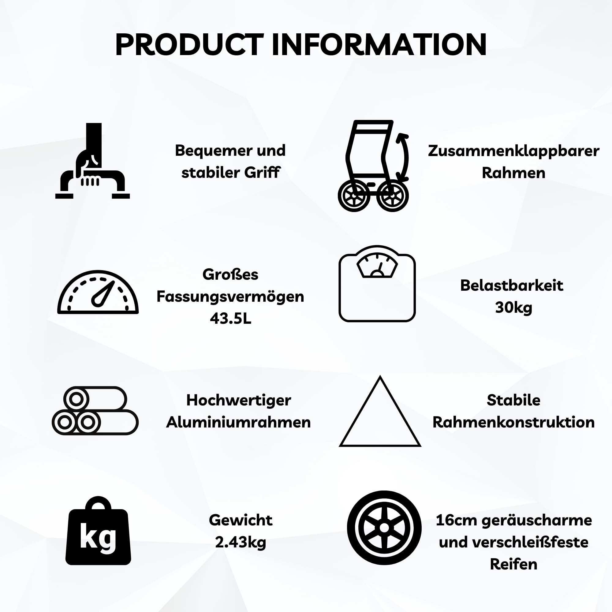 43.5Liter Aluminium Trolley Einkaufstrolley Klappbar, Shopping Trolley, Wasserabweisender Einkaufswagen Faltbar, Einkaufstasche mit 2 Rädern, Einkaufskorb mit Rollen, Groß - Schwarz