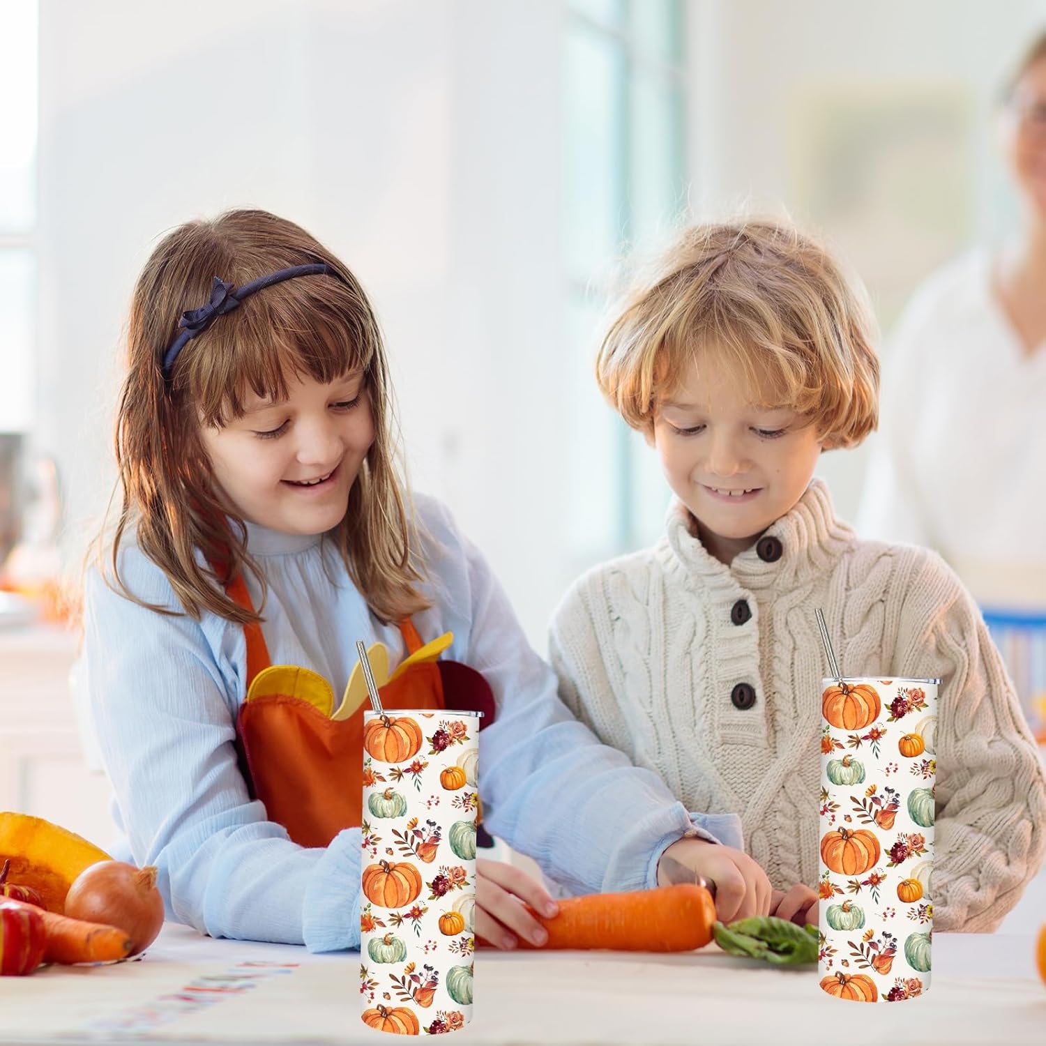 Whaline Fall Tumbler with Lid and Straw Watercolor Pumpkin Leaves Flower Stainless Steel Cup Orange Green Tumbler Cup Gift for Autumn Thanksgiving Decor Supplies - Image 7