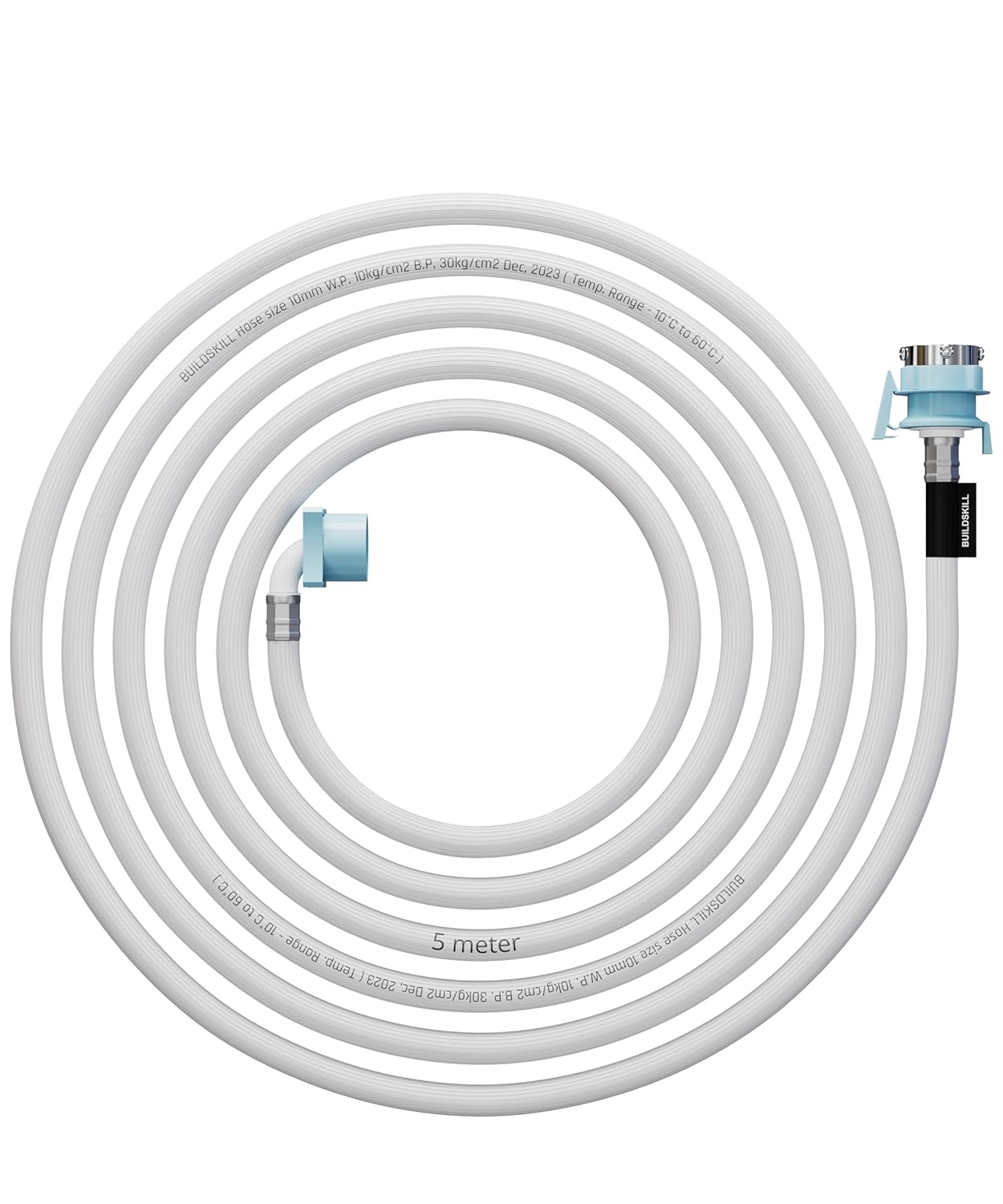 BUILDSKILL 5 Meter Fully Automatic Washing Machine Inlet Pipe With Universal Tap Adaptor Connector | Burst Proof and Anti Kink | Hot & Cold Water Washing Machine Pipe Inlet | Pressure Resistant