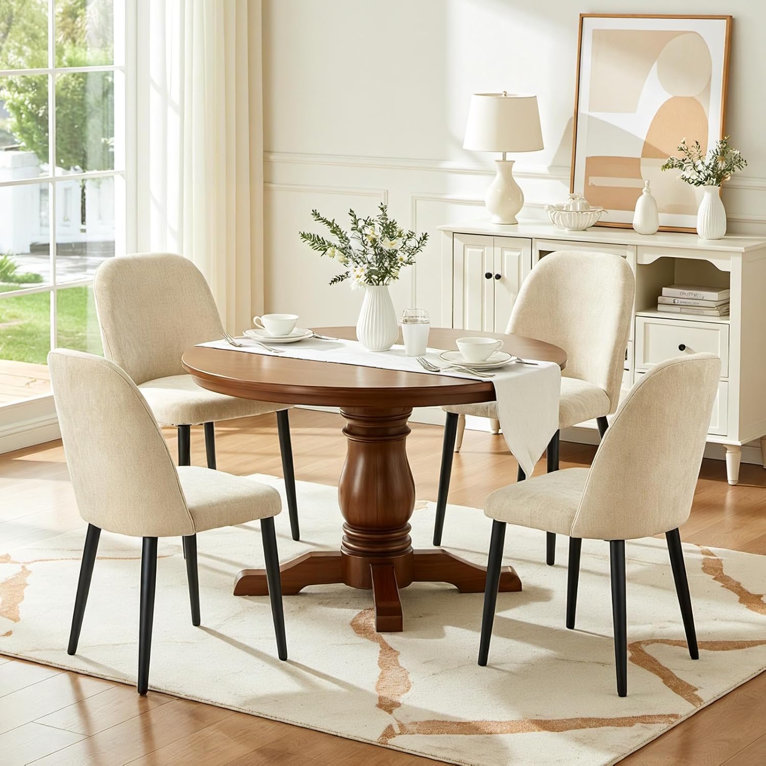 Upholstered Dining Chairs Set of 4, Chenille Mid Century Modern Fabric Dining Room Chair High-Back Padded Kitchen Chairs with Padded Seat and Metal Legs for Kitchen Dining Room Restaurant Cafe, Beige