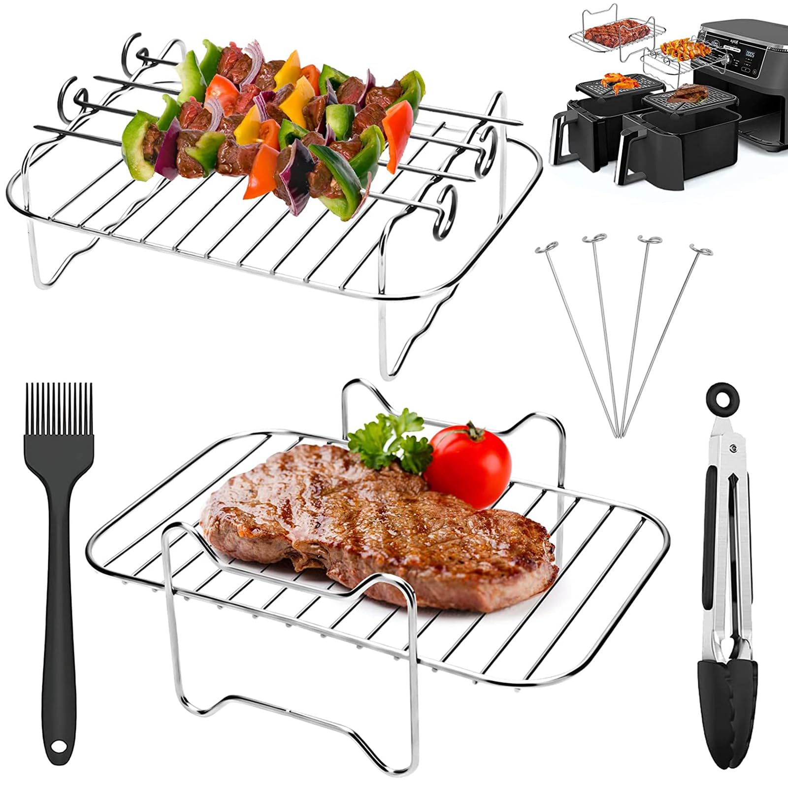 Air Fryer Rack 8PCS Set Compatible with Ninja Dual AF300Uk, Instant Vortex Plus, Salter EK5196GW,Ultenic K20, Other 7.6L Rectangular Airfryer, Accessories Include 2 Grills, 4 Skewers, 1 Brush, 1 Tong