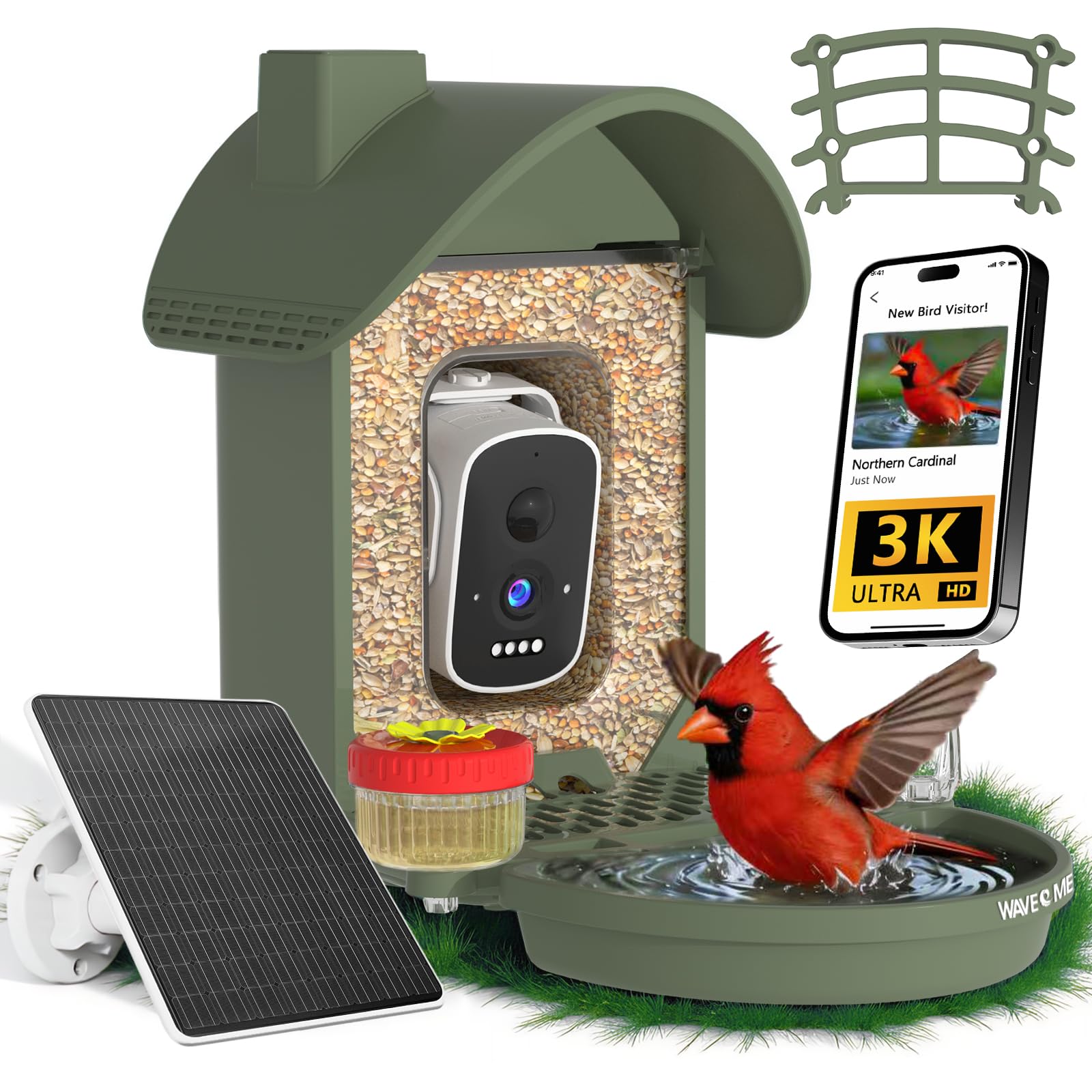 Vogelhaus mit Kamera, 3K Smart Vogelhäuschen mit KI-Vogelerkennung & Vogeltränke, Solarbetrieben Vogelbeobachtung Kamera mit Edelstahlkabel & Futter-Schutznetz, Outdoor Garten Geschenk