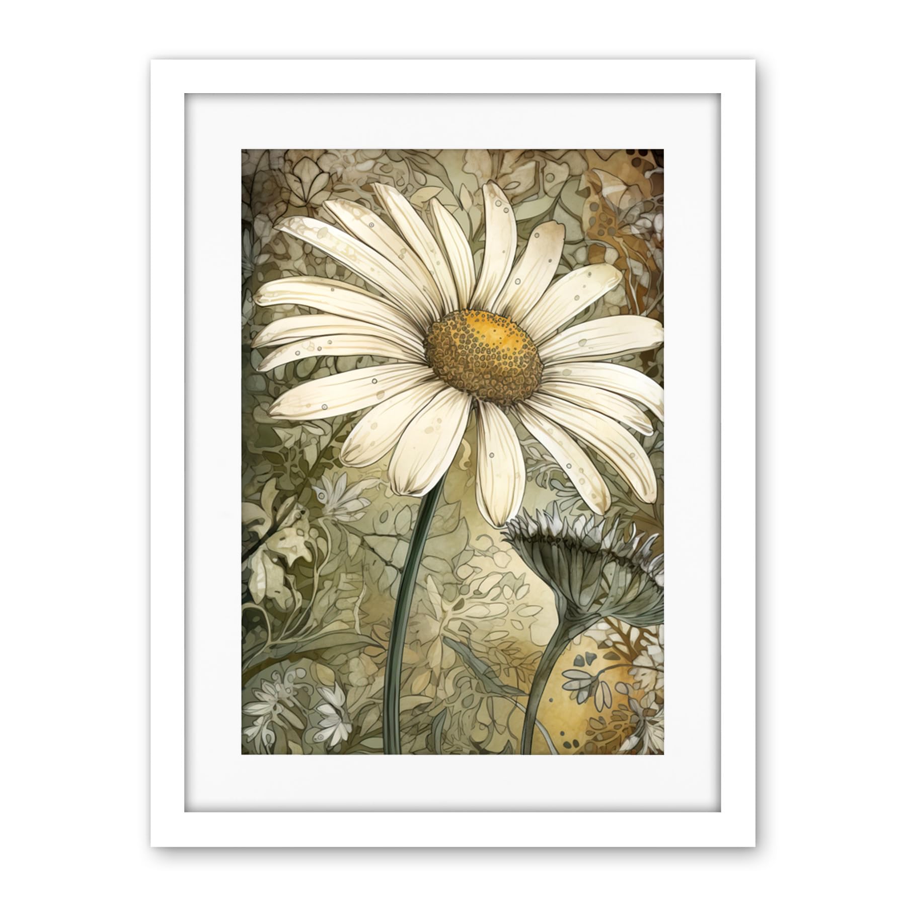 Artery8 Pastel Watercolour Daisy Flower Bloom Illustration Artwork Framed Wall Art Print 18X24 Inch