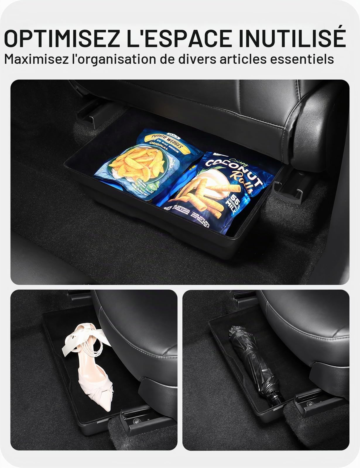 BASENOR 2 pièces Tesla modèle Y sous le siège boîte de rangement organisateur plateau caché bacs sous le siège avec couvercle accessoires intérieurs Gen 2 2021-2024