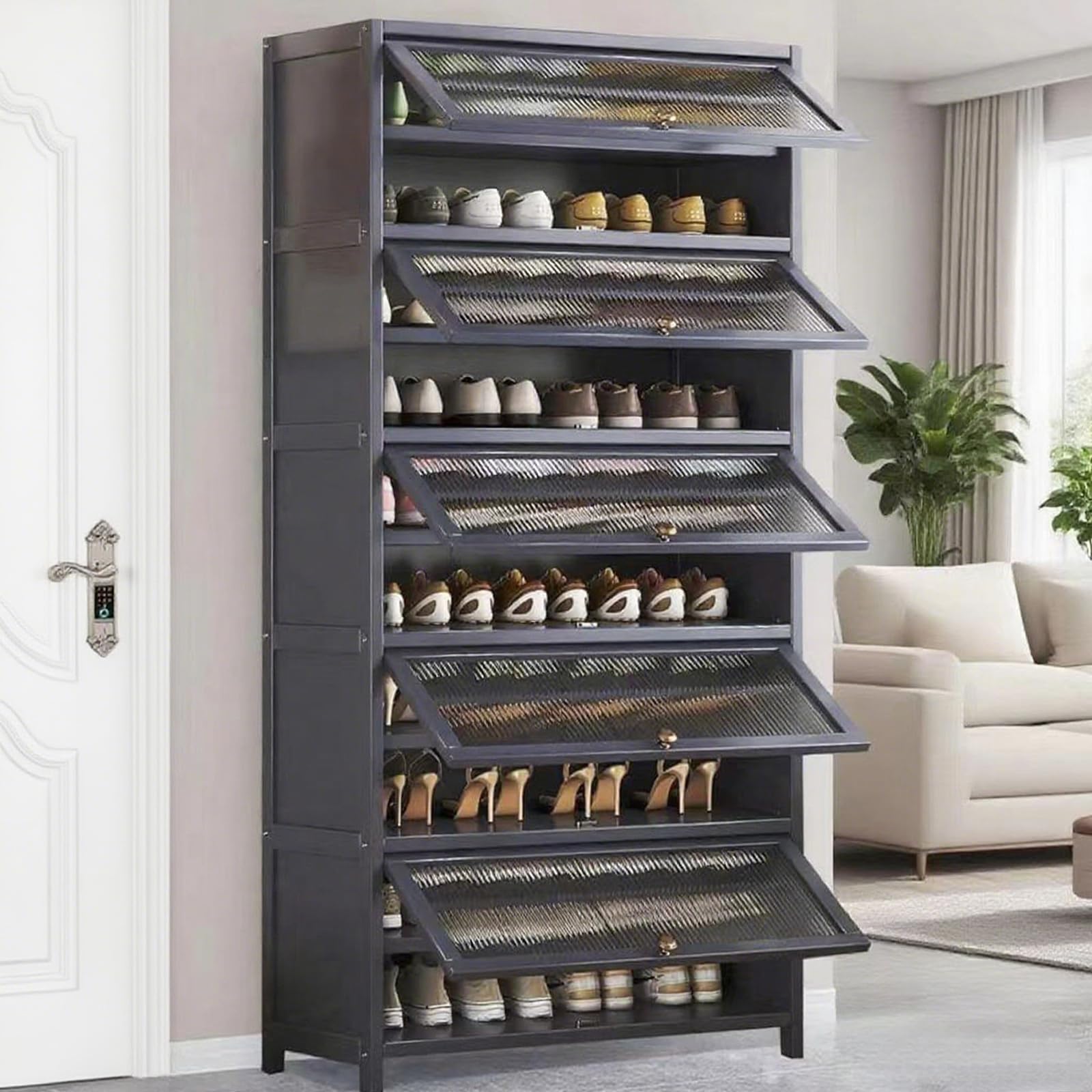 Voclym10 Tier Bamboo Shoe Cabinet with Door, 40-45 Pairs Large Shoe Cabinet, Free Standing Shoe Racks, Shoe Storage Cabinet for Entryway Hallway