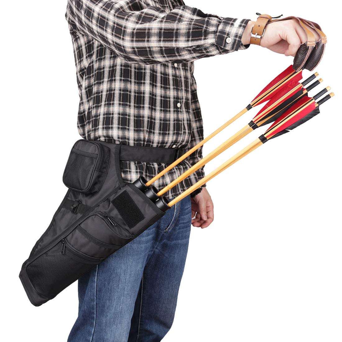 KRATARC 3-Tubes Hip Quiver Waist Hanged Arrow Archery Carry Bag with Pockets Adjustable Belt (Black)