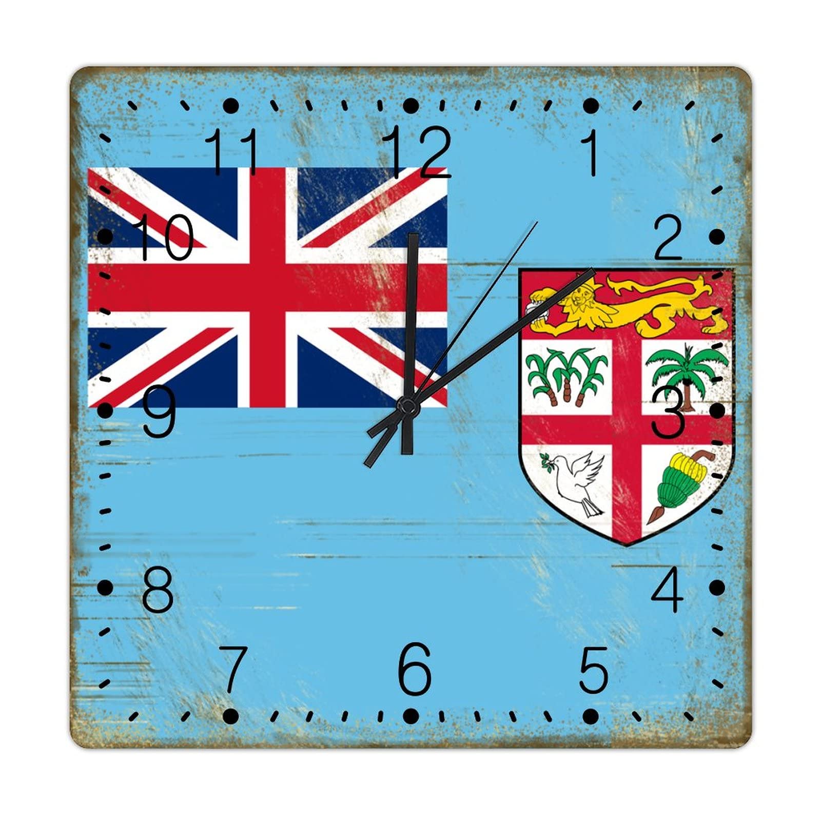 PODbyyou Fiji Decorative Wall Clock Fiji Flag Farmhouse Wall Clocks National Flag Country Souvenir Clocks Battery Operated Silent Square Clock for Bathroom Bedroom 15inch Birthday Housewarming Gift