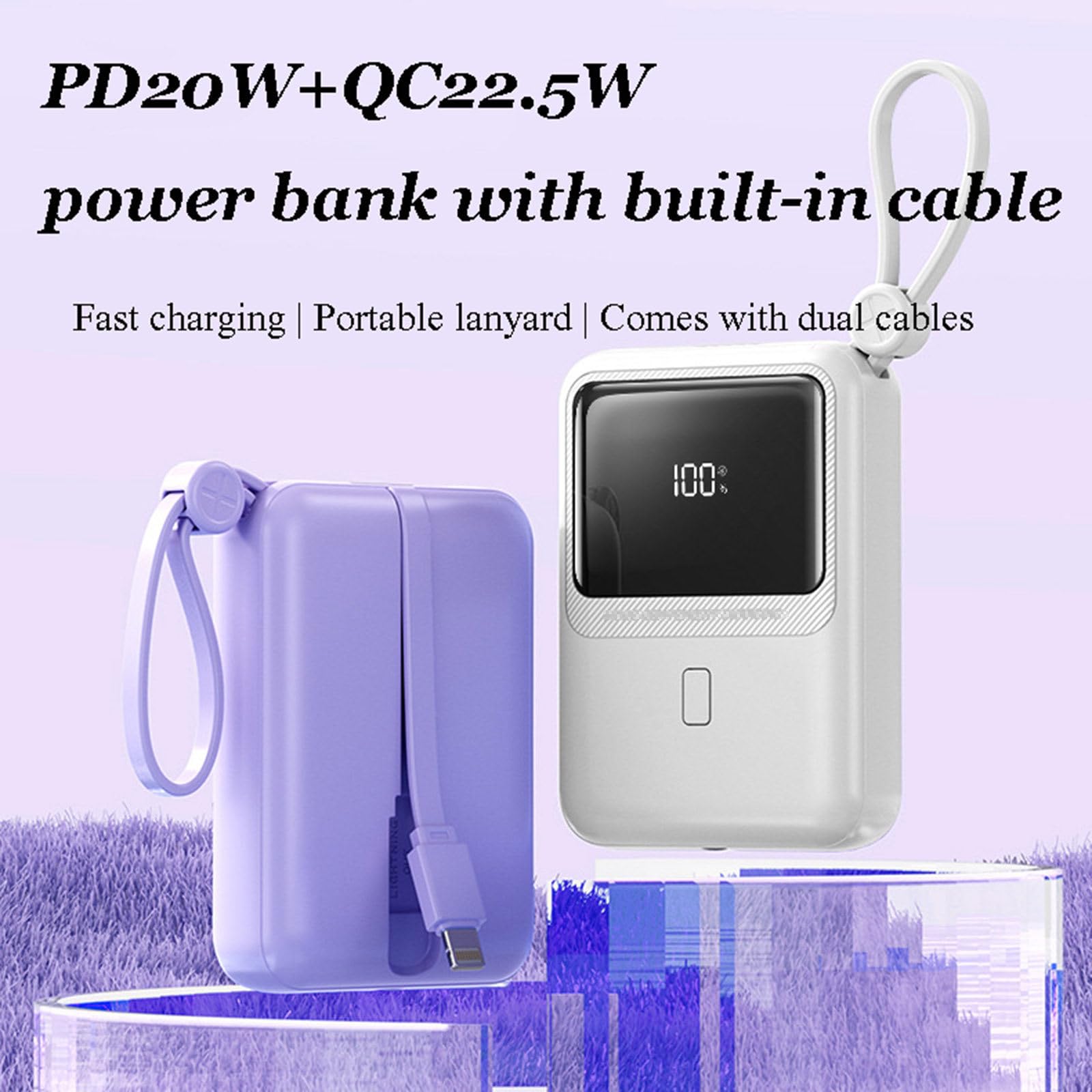 2 szt. 10000 mAh Mini samodzielny przewodowy powerbank PD20W kompaktowy przenośny szybki zasilacz mobilny o dużej pojemności,Purple