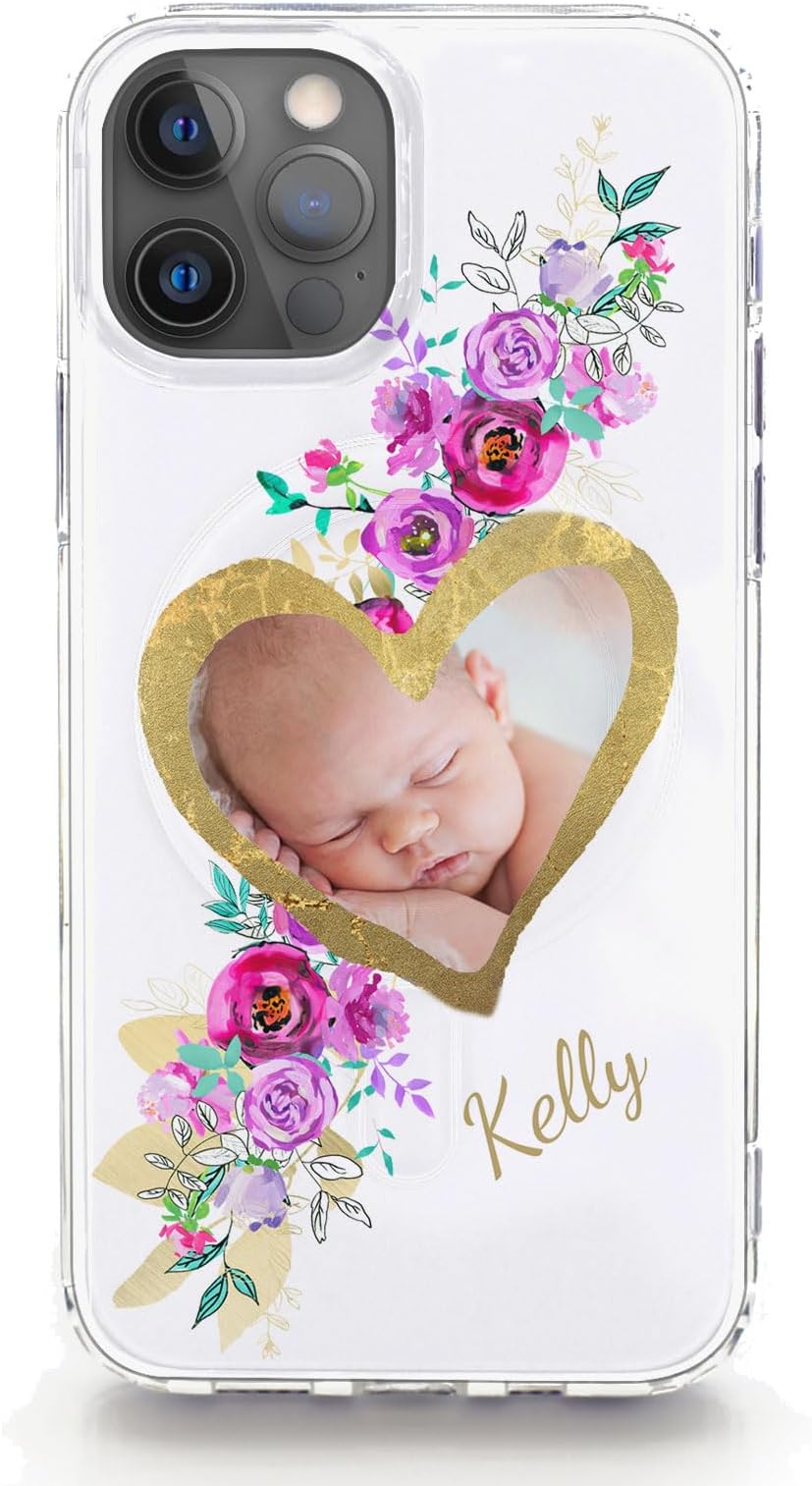 Personalised Phone Case For Apple iPhones, 17, 16, 15, 14, Pro, Max, Mini, Plus 13, 12, 11, X, XS, XR, SE White Gold Heart Flower Cover with Photo and Name