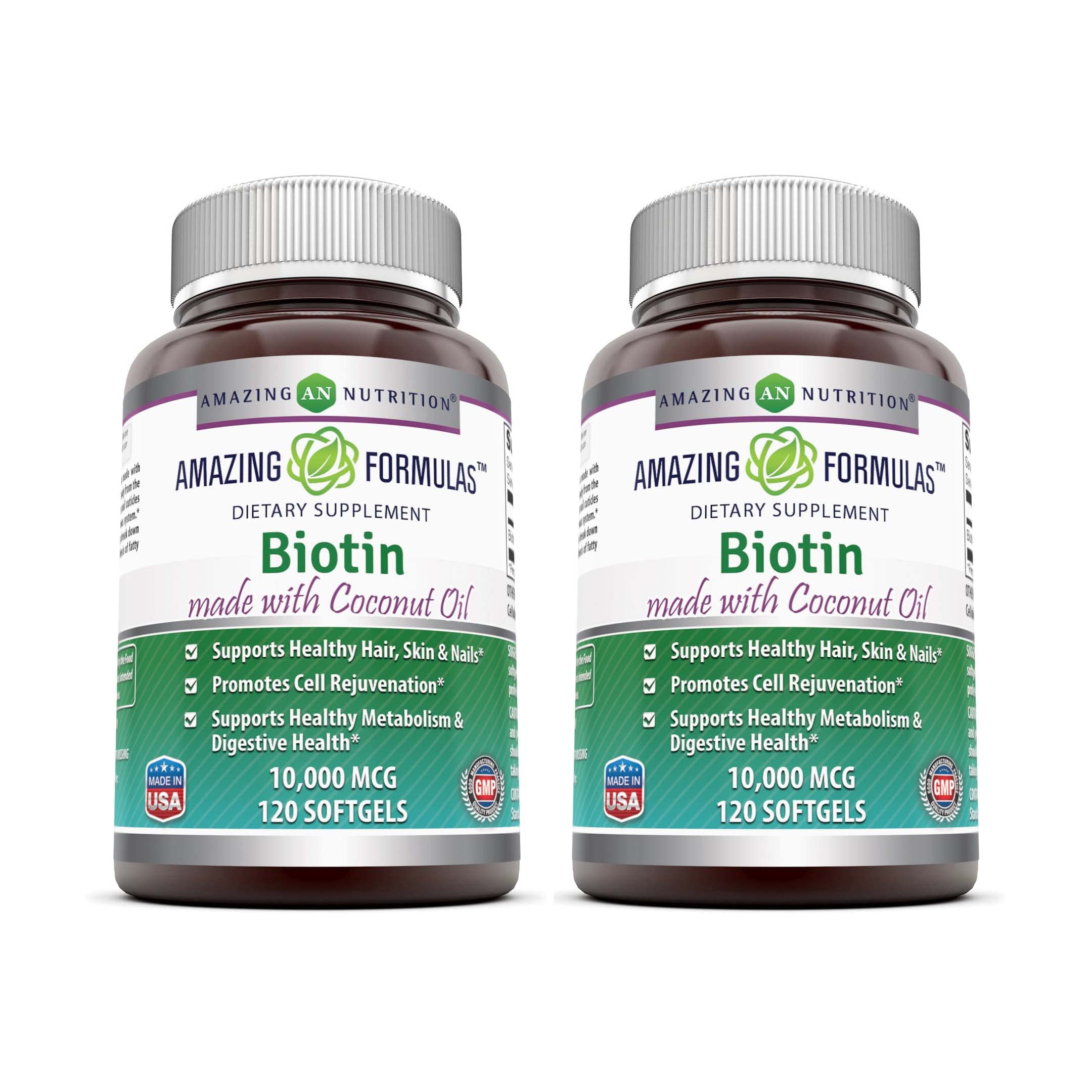 Amazing Formulas Biotin with Extra Virgin Organic Coconut Oil Supplement | 10000 Mcg | Softgels | Non-GMO | Gluten-Free | Made in USA (2 Pack, 120 Count) 120 Count 1 Count (Pack of 1)