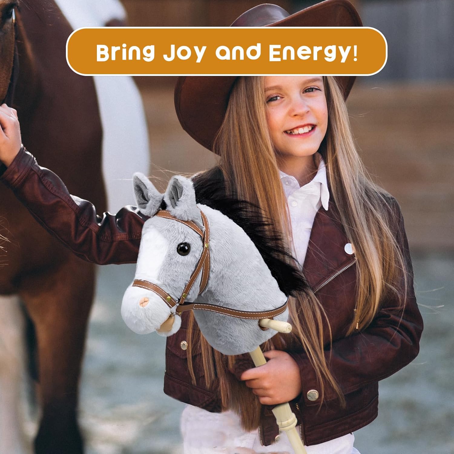 HollyHOME Stick Horse Plush Handcrafted Hobby Horse on a Stick with Wood Wheels Real Pony Neighing and Galloping Sounds for Kids Toddlers Grey 36 Inches(AA Batteries Required)