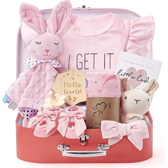 Baby Gift Boys Girls Newborn Gifts for Birth with Comforter Blanket / Baby Romper / Socks / Muslin Blanket / Rattle Nappy Cake Gift Box Baby Shower Party Gender Reveal Gift Pink