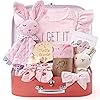 Baby Gift Boys Girls Newborn Gifts for Birth with Comforter Blanket / Baby Romper / Socks / Muslin Blanket / Rattle Nappy Cake Gift Box Baby Shower Party Gender Reveal Gift (Pink)