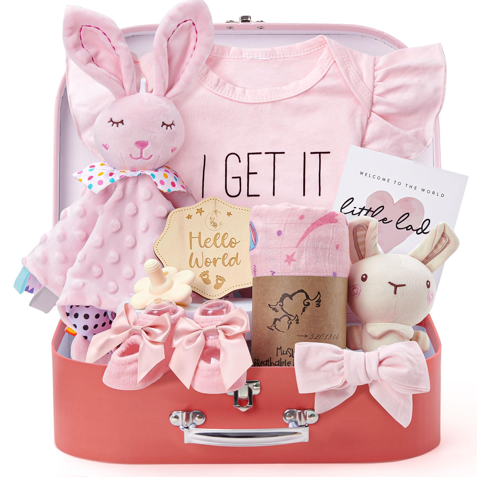 Baby Geschenk Jungen Mädchen Neugeborenen Geschenke zur Geburt mit Schmusetuch/Baby Strampler/Socken/Musselin Decke/Rassel Windeltorte Geschenkbox Baby Shower Party Gender Reveal Geschenk (Rosa)