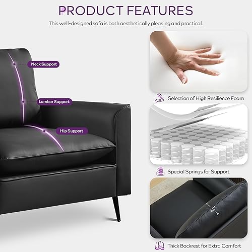 Miniatura 6 de TYBOATLE Juego de 2 sillas decorativas, sillas decorativas de cuero negro, silla cómoda para sala de estar, silla de lectura acogedora, sillas