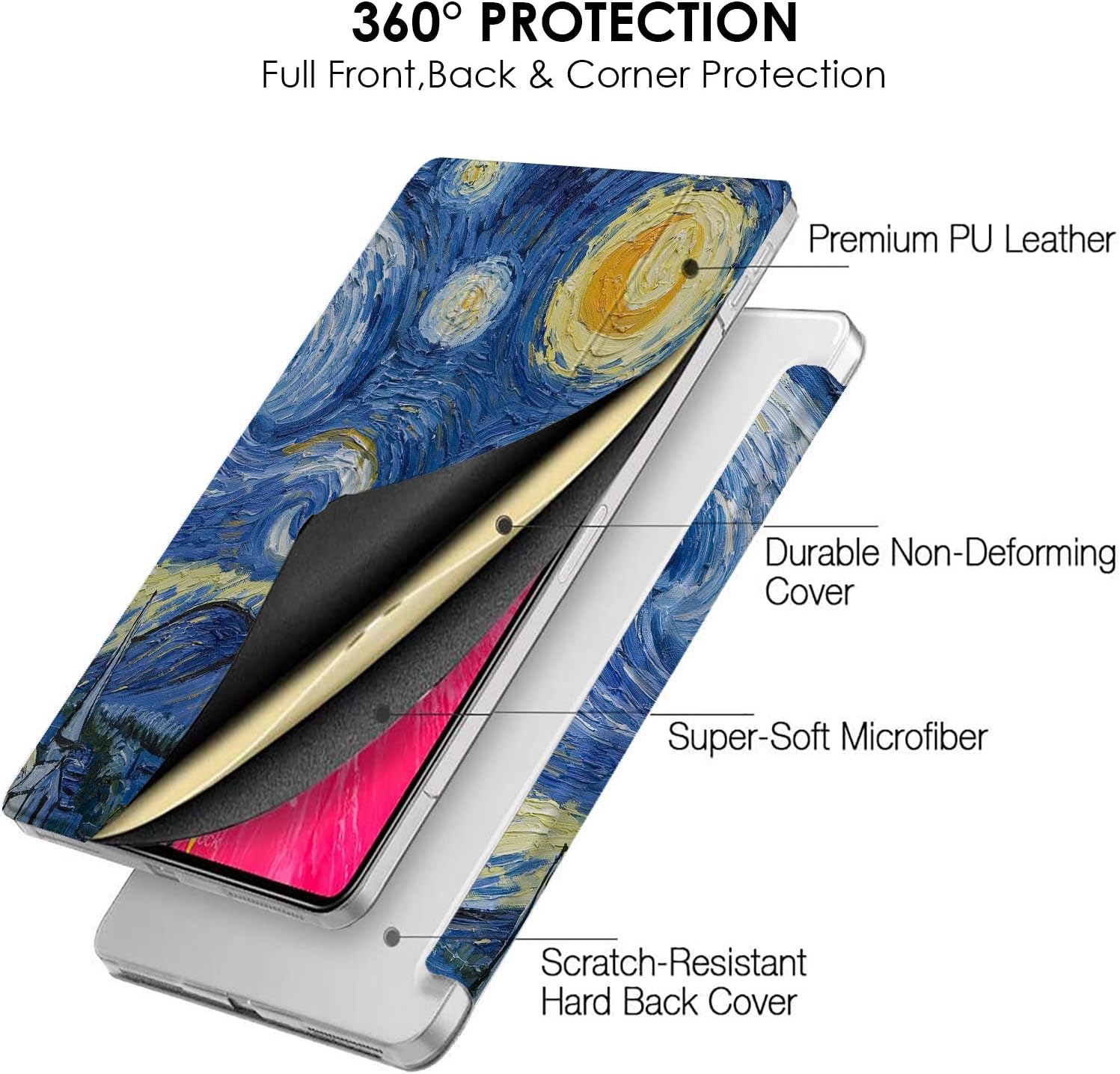 DuraSafe Cases for iPad PRO 11 3 2 Gen [ PRO 11 3rd 2nd ] A2377 A2459 A2301 A2460 A2228 A2068 A2230 A2231 A2013 Trifold Printed Hard PC Transparent Back Cover - Starry Night