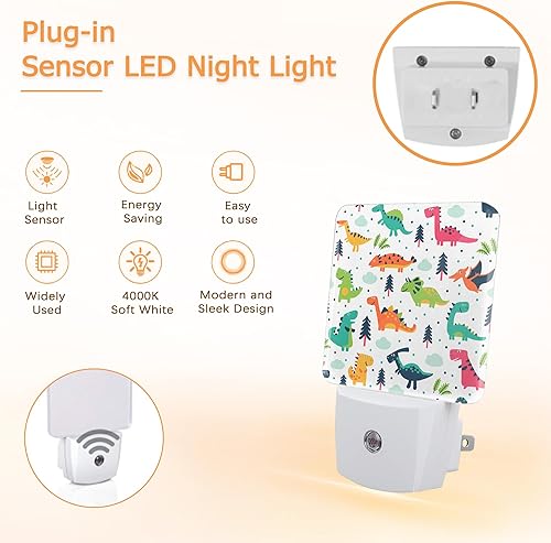 Miniatura 3 de YASHILAIYA Luz nocturna de dinosaurio, divertidas y lindas luces nocturnas de bosque de dinosaurios enchufables con sensor de atardecer a amanecer,