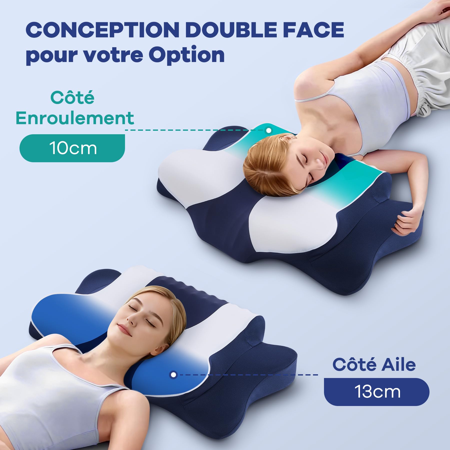 DONAMA Oreiller Ergonomique Cervical à Mémoire de Forme Haute Densité, Mousse à Rebond Lent pour Soutien du Cou et de la Nuque, Conception 2 en 1 pour Dormeurs sur Le Côté, Le Dos et Le Ventre