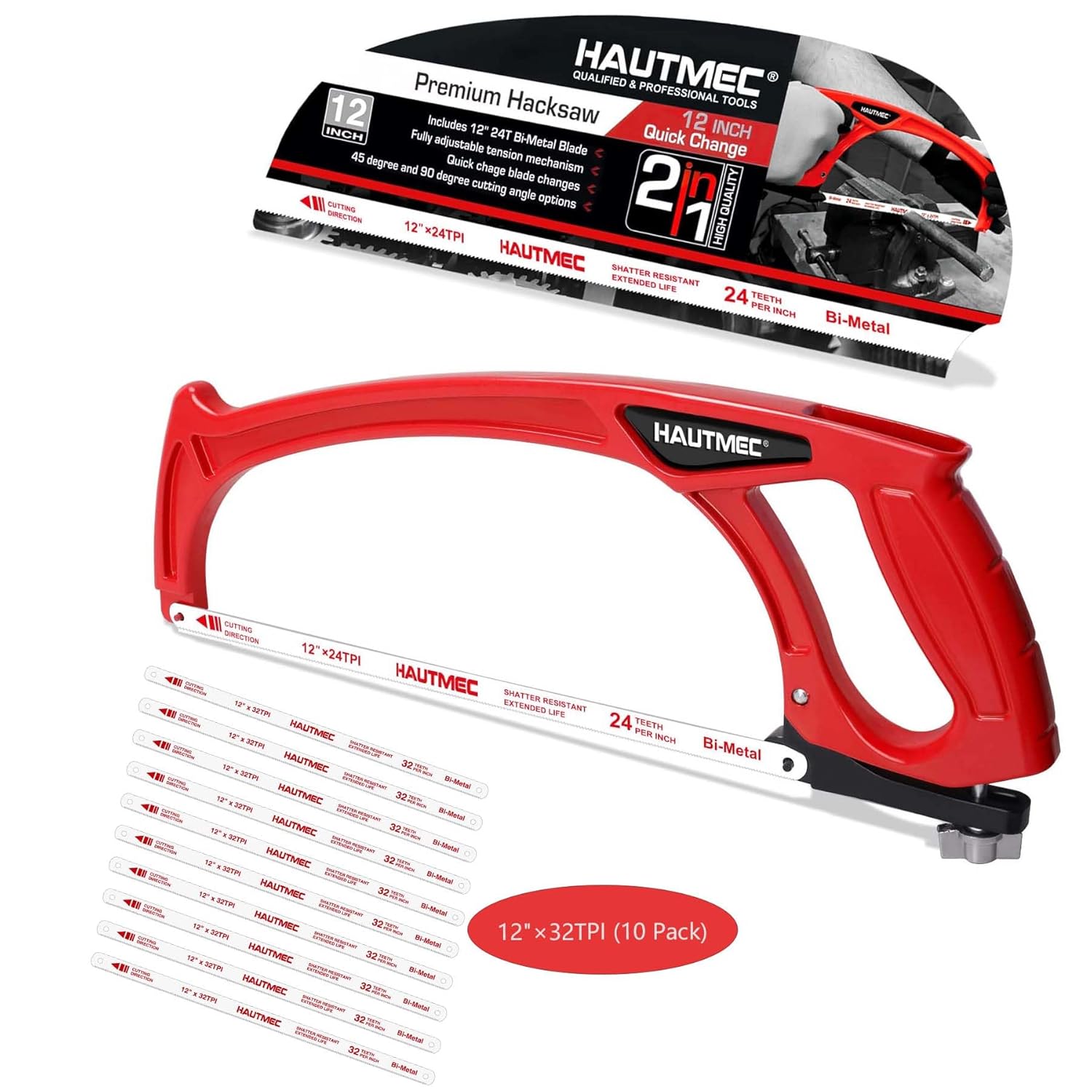HAUTMEC 12" Heavy Hacksaw & 10 Pack 12"×32TPI Hacksaw Blades Replacement
