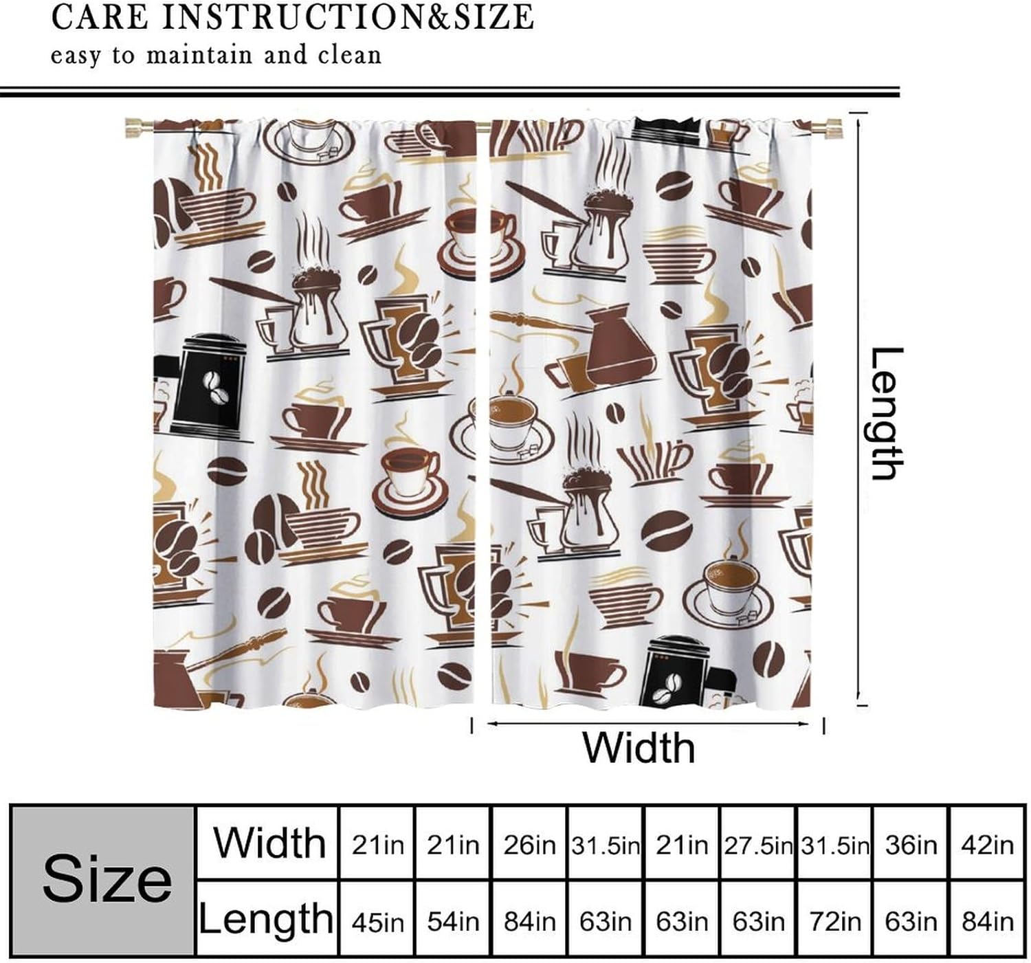 Modern Coffee Curtains, Minimal Brown Abstract Geometric Line Pot Cup Beans Seamless Pattern Home Decor Window Treatments, Blackout Rod Pocket Drapes For Living Room Bedroom Kitchen Cafe 42x63in