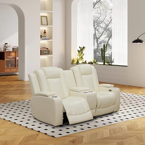 Miniatura 37 de Juego de sofá reclinable eléctrico para sala de estar, sofás reclinables de cuero blanco crema con puerto USB, sofá de cuero con sillón reclinable