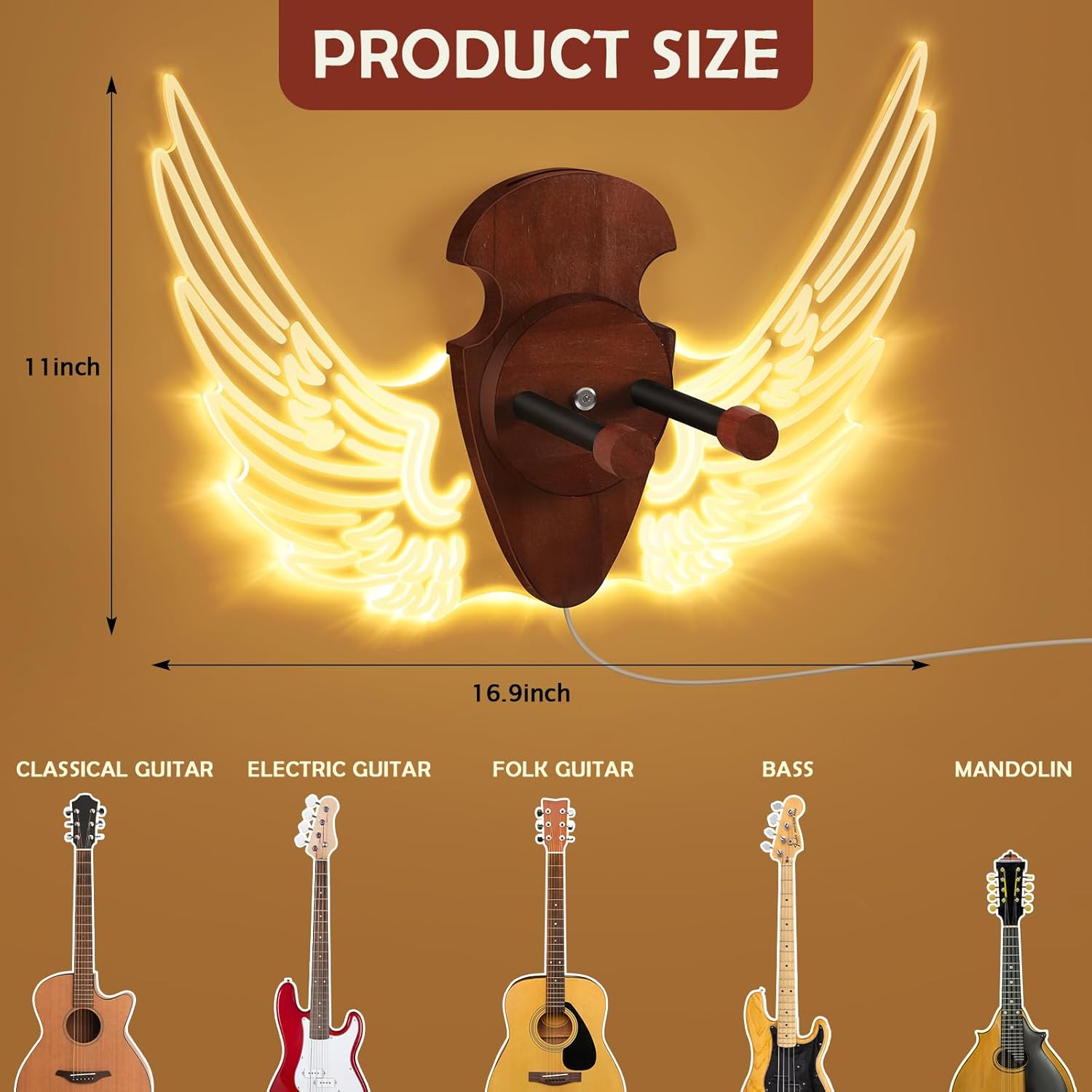 ETELI Guitar Wall Mount with Acrylic LED Light Wood Guitar Wall Hanger with Pick Holder Guitar Holder Wall Mount for Acoustic, Electric, Bass and Ukulele Gift