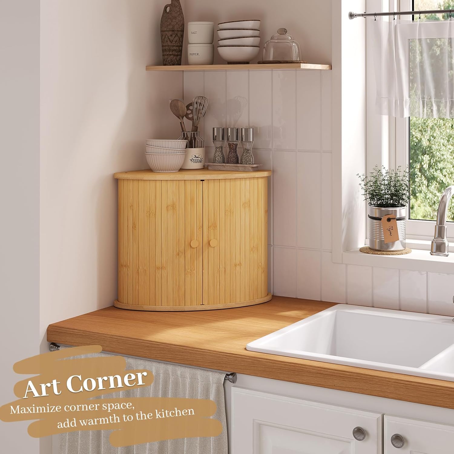 Corner Bread Box for Kitchen Countertop, Double Layer Bamboo Bread Storage Bin,Dual-Side Sliding Roll-top Large Capacity for Kitchen,Dining Room,Under Cabinet Organizer