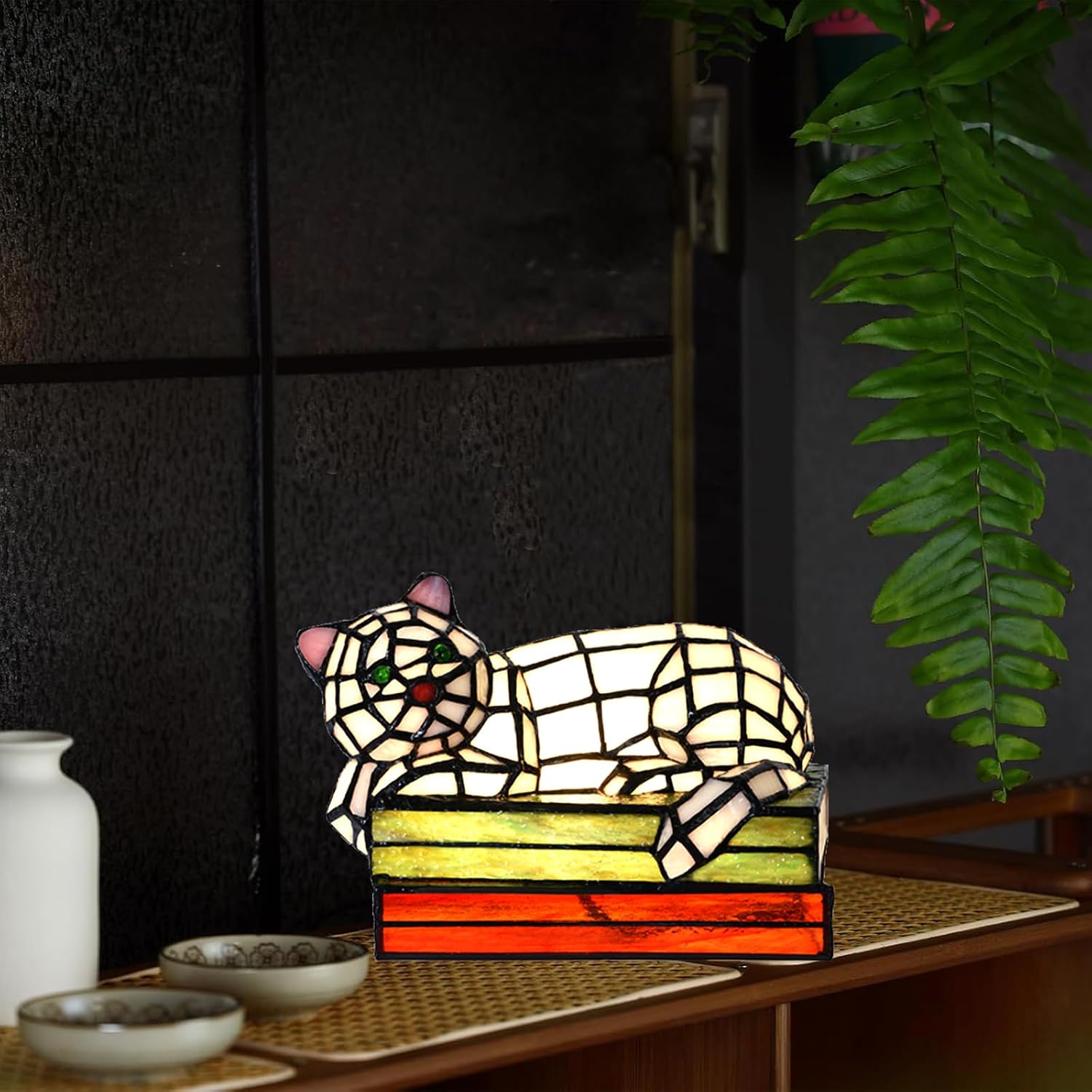 A0021 Tiffany Style Stained Glass Cat Table Lamp - Cute Kitten on Books Nightstand Lamp, Vintage Animal Accent Lamp for Bedroom, Living Room, Office, Cat Lover Gift, LED Bulb Included