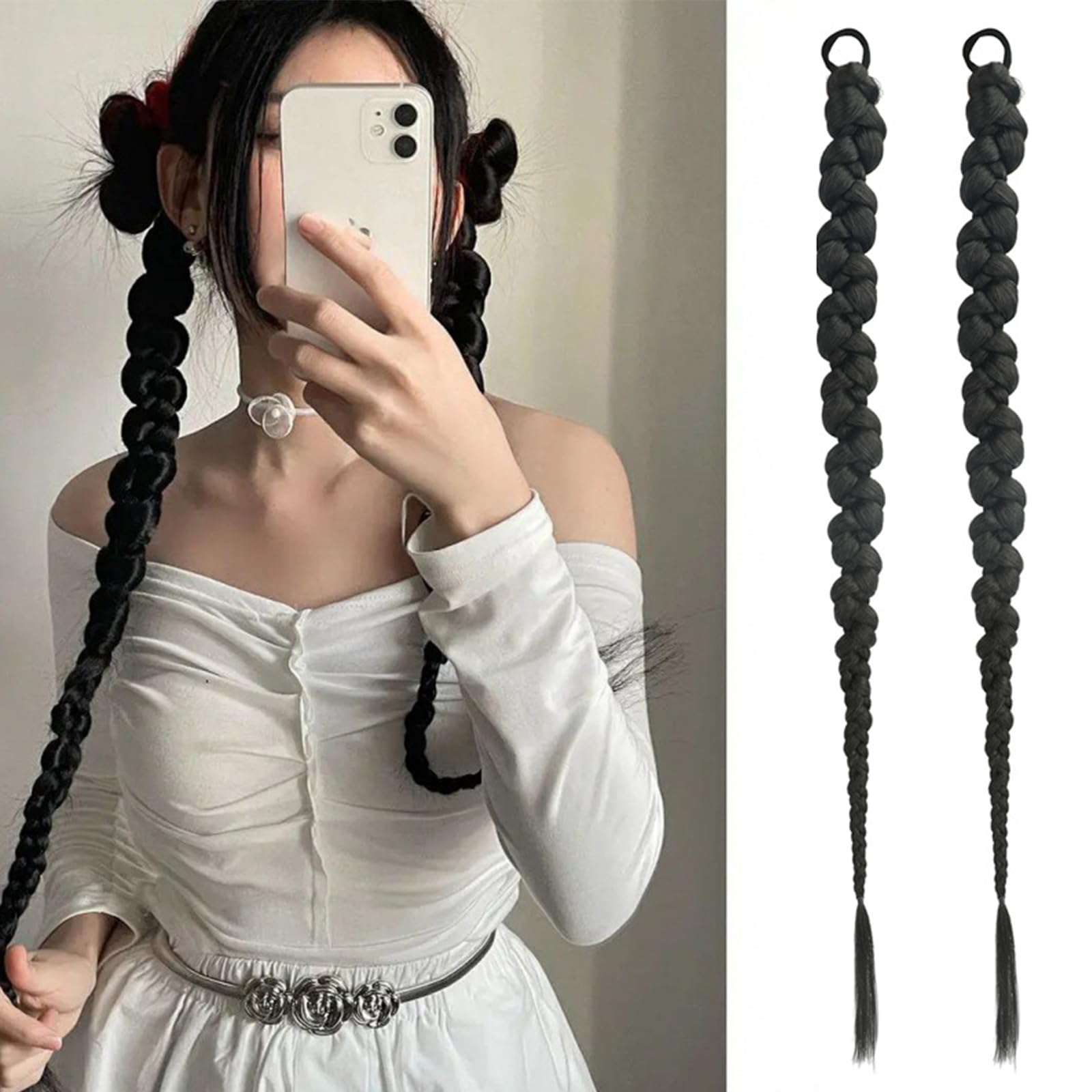 Extensiones Trenza 60cm Extensiones de Pelo Cola de Caballo Simulación Trenza de Pelo Sintetico Postizo Coleta Trenzada Negro Trenzas Postizas Accesorios para el Pelo 2 Piezas