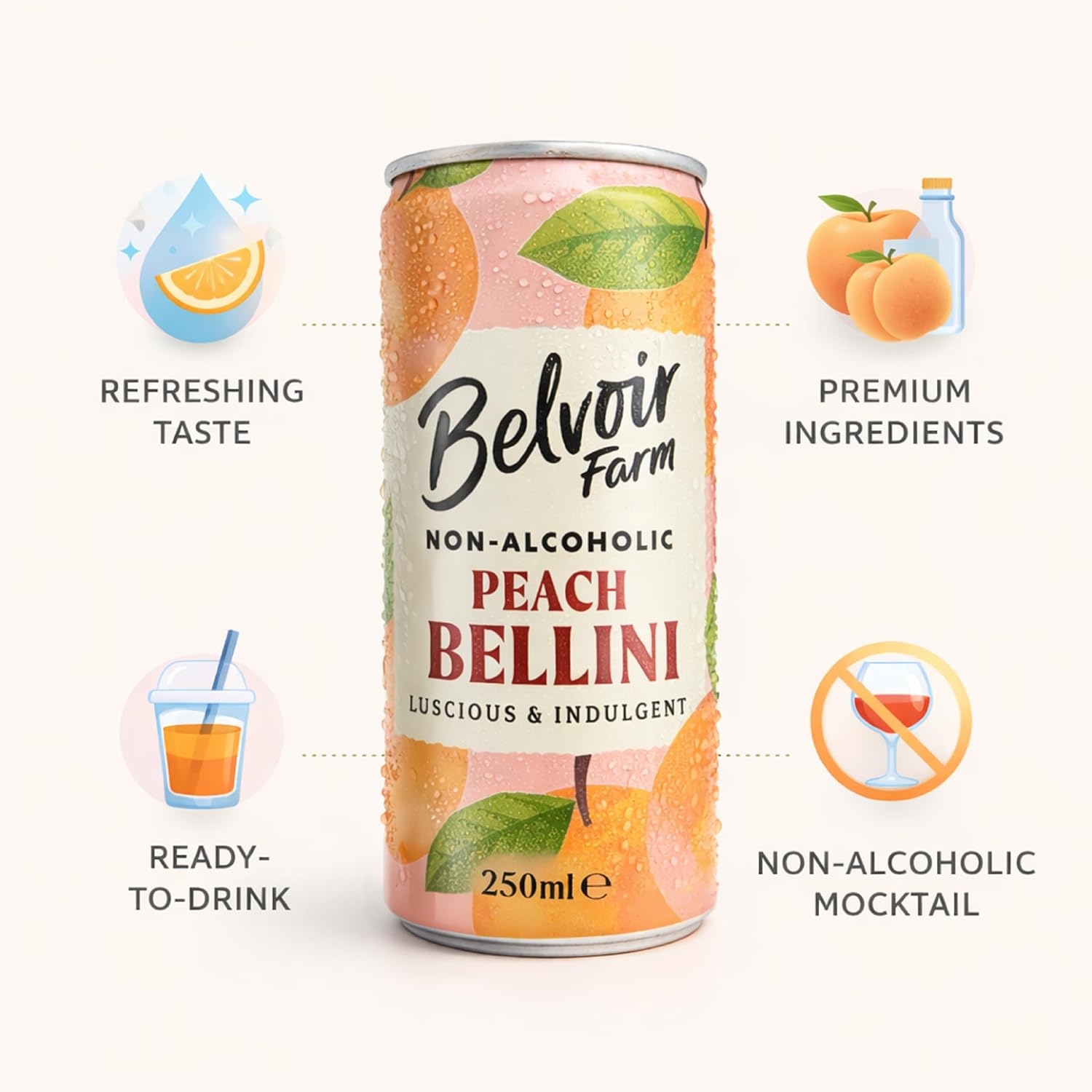Belvoir Farm Non Alcoholic Peach Bellini 4-Pack of 8.4oz Cans – Refreshing Natural Beverage with a Hint of Fizz, Artisanal Craftsmanship, Zero Sugar, Organic Ingredients, Perfect and Ready to Enjoy.