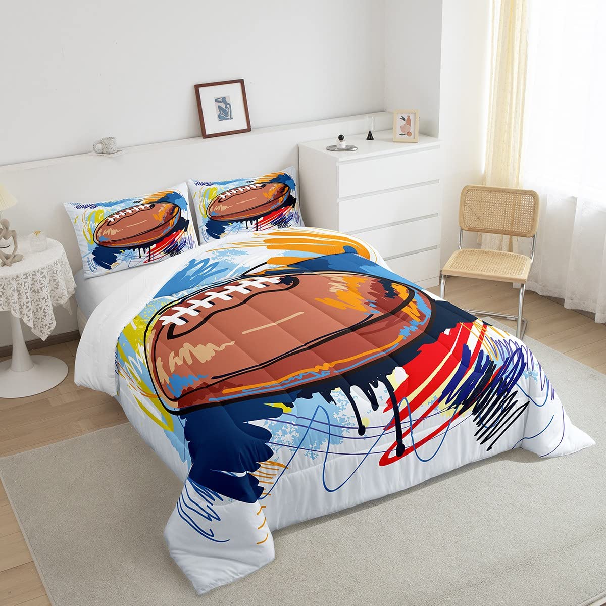 Cool American Football Duvet Cover Set For Kids & Teens – Watercolor Graffiti Style, Full Size With 2 Pillowcases