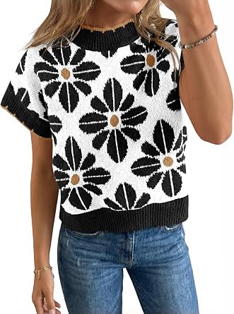 Saodimallsu Womens Floral Sweater Tops Short Sleeve Vintage Crew Neck Loose Knit Summer Pullover Sweaters